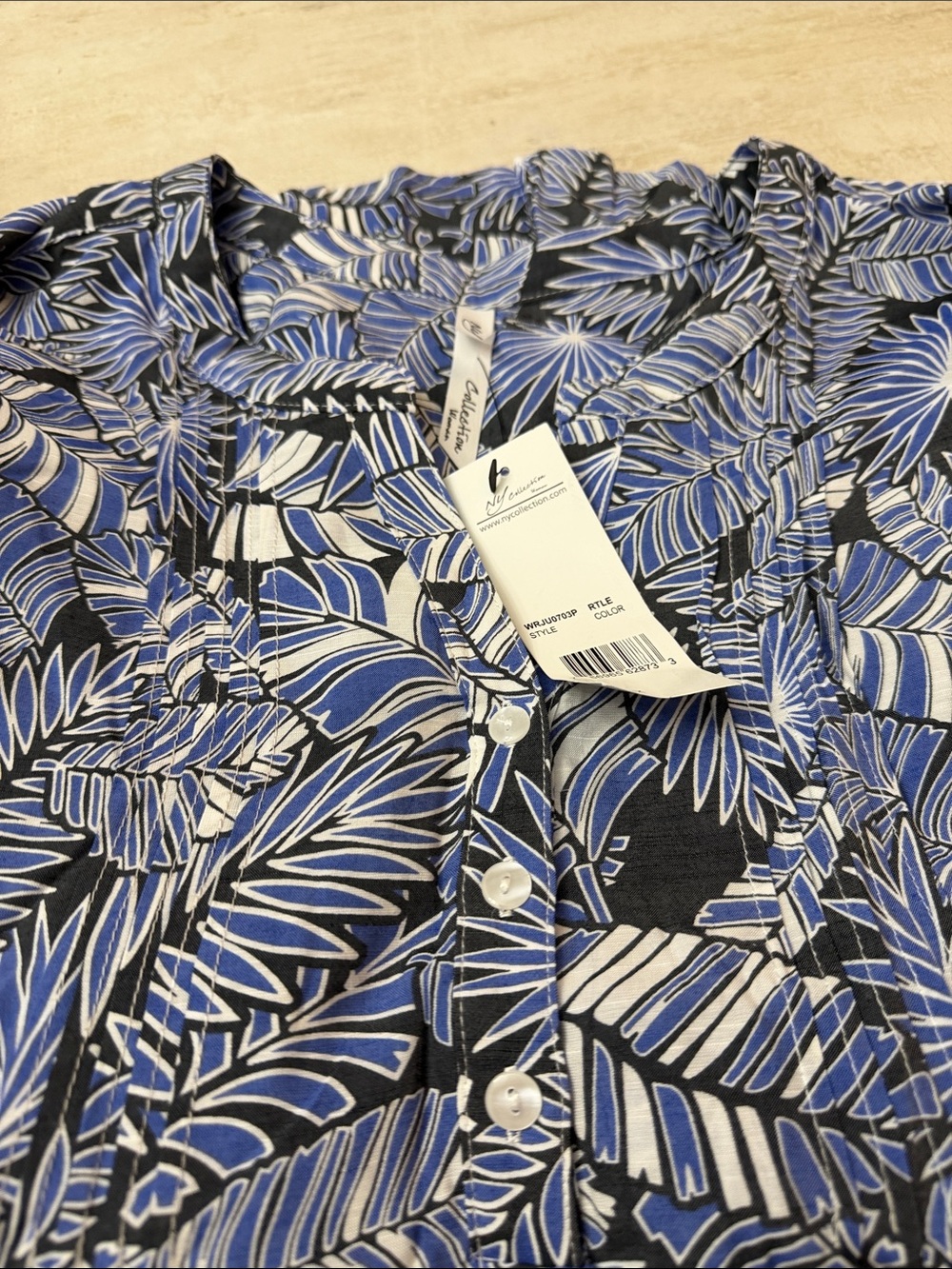 NY Collection Blue & Black Tropical Print partial Button-Down Shirt